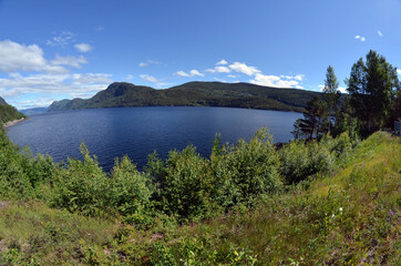 Fototapeta na wymiar Crystal clear water of Lake Tinnsja (Tinn, Tinnsjo or Tinnsjoen) in Telemark County, Norway, one of the largest lakes in Norway, and one of the deepest in Europe