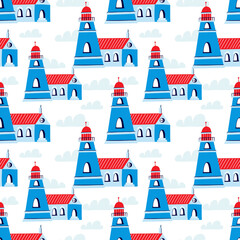 Seamless pattern with Lighthouses. Summer pattern, hand drawn