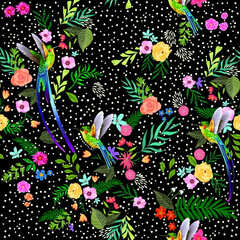 Spring Flowers with Birds Texture Vector Pattern.Whıte Dots and Black Background
