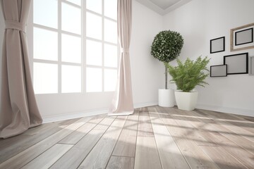 Fototapeta premium modern room with curtains,frames and plants in pots interior design. 3D illustration