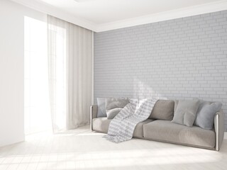 modern room with curtains,sofa,pillows,plaid interior design. 3D illustration