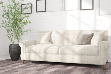 modern room with many frames,sofa,pillows,plants interior design. 3D illustration