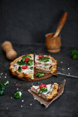 French traditional quiche Lorraine pie with broccoli and salmon