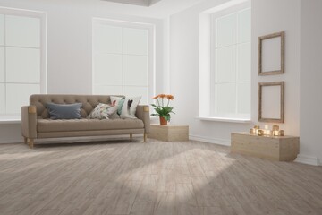 modern room with sofa,pillows,frames interior design. 3D illustration
