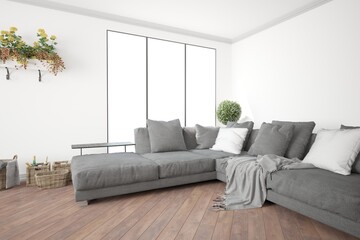 modern room with sofa,pillows,plaid,baskets,plants interior design. 3D illustration