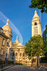 Basilica Sacre Coeur with Bell Tower and Blue Sky