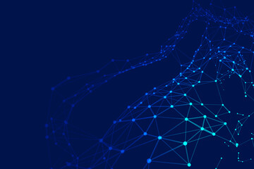 Plexus lines, dots and light beams with light points. Abstract technology, science and engineering background. Depth of field settings. 3D rendering