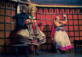 Kochi, India - March 15, 2014: An Indian classical dance form named Kathakali artists tells Indian...