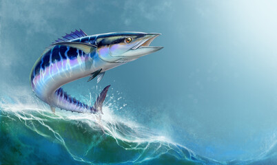 Spanish Mackerel wahoo dark blue fish big fish on background realistic illustration.