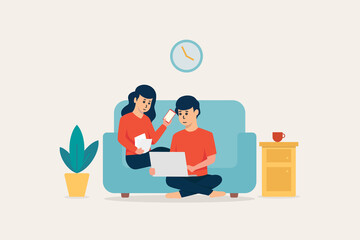 Young Couple Working From Home - Vector Illustration Concept