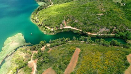 Aerial drone panoramic photo of beautiful nature in artificial lake and dam of Marathonas or...