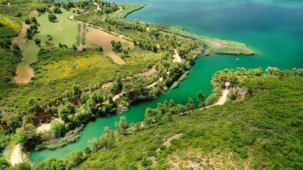 Fototapeta na wymiar Aerial drone panoramic photo of beautiful nature in artificial lake and dam of Marathonas or Marathon that feeds drinking water supply to Athens, Attica, Greece