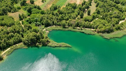 Aerial drone panoramic photo of beautiful nature in artificial lake and dam of Marathonas or...