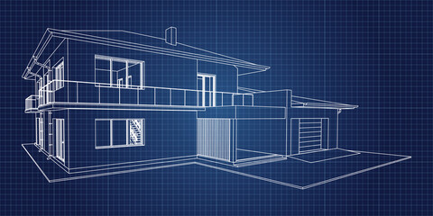 Stylish architectural  blueprint.Vector wireframe perspective of luxury modern house exterior. 3D vector model of cottage. 