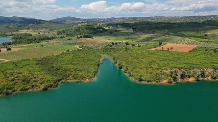 Aerial drone panoramic photo of beautiful nature in artificial lake and dam of Marathonas or...
