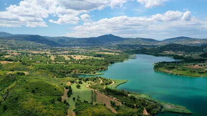 Aerial drone panoramic photo of beautiful nature in artificial lake and dam of Marathonas or...