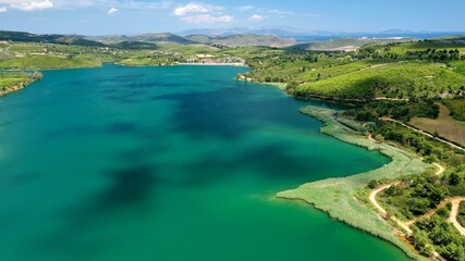 Aerial drone panoramic photo of beautiful nature in artificial lake and dam of Marathonas or Marathon that feeds drinking water supply to Athens, Attica, Greece