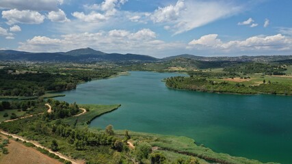 Aerial drone panoramic photo of beautiful nature in artificial lake and dam of Marathonas or...