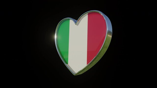 Flag of the Italy in the shape of 3D heart. Metallic heart with glass and relief elements of the country flag. Animation with alpha channel.