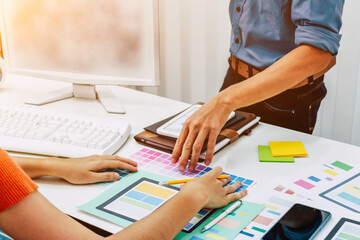 A Designer team and website designers are collaborating to develop a website using the ux ui system to match with the smartphone system. Ux ui system learning concepts for application development