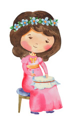 embroidering girl in a red dress 