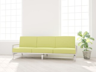 modern room with green sofa and plant interior design. 3D illustration