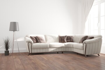 modern room with sofa,lamp,plant and curtains interior design. 3D illustration