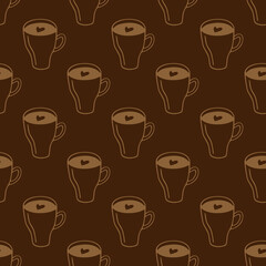 Large mug of coffee or cocoa hand-drawn. Vector seamless doodle pattern on brown background. Design for textile, print.