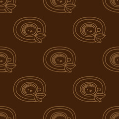 Large mug of coffee or cocoa on a saucer hand-drawn. Vector seamless doodle pattern on brown background. Design for textile, wrapping, print.