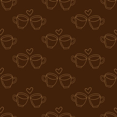 Two large mug of coffee or cocoa hand-drawn for lovers. Vector seamless doodle pattern on brown background. Design for textile, print.