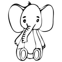 vector illustration, in doodle style in black, elephant, baby drawing, stylized fairy animal, isolate on a white background