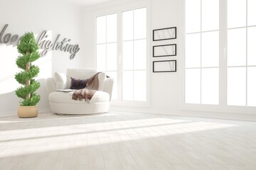 Fototapeta na wymiar modern room with armchair,plaid,pillows and plants interior design. 3D illustration