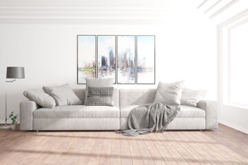 modern room with sofa,pillows,plaid,pictures,lamp and plants interior design. 3D illustration
