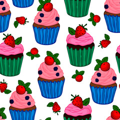 seamless pattern, vector illustration in cartoon style, cupcake, sweets, cake piece, in bright colors, wallpaper and fabric ornament, wrapping paper, background