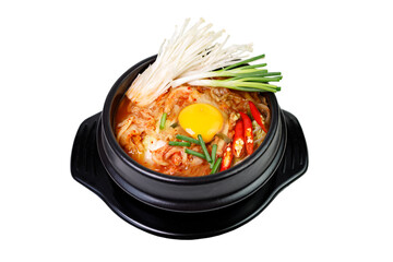 Kimchi cabbage soup in a bowl with chopsticks on white background, top view.