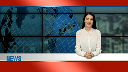Young elegant anchorwoman telling the news in tv studio