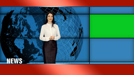 Stylish female news presenter in white blouse and black skirt reporting in tv studio with green...