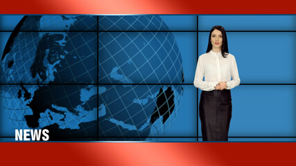 Young attractive anchorwoman in white blouse and black skirt presents news on tv