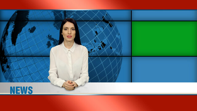 Attractive female news presenter in broadcasting studio with green screen