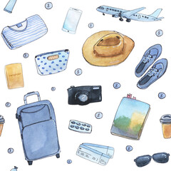 hand drawn painted seamless pattern with watercolor sketch of isolated travel objects camera luggage money airplane sunglasses shoes passport hat ticket guide book coffee phone on white background