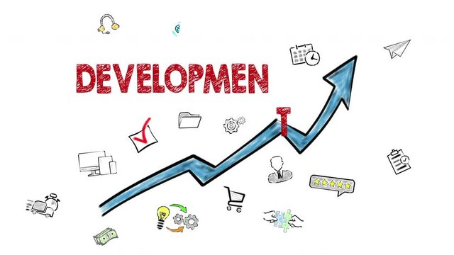 DEVELOPMENT concept. Blue Arrow With Icons Around on the White Background