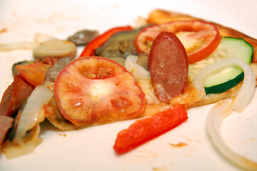One slice of pizza with tomatoes, cucumber, bell pepper, onions and meat