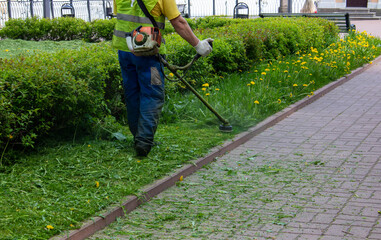 Man mows grass with a gasoline scythe.
