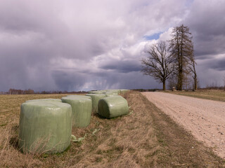 simple rural landscape, hay rolls along the side of the road