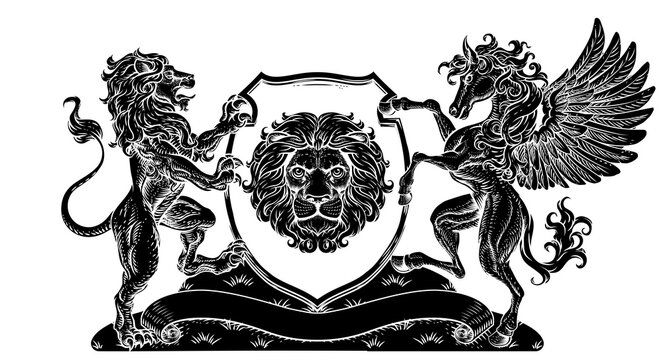 A crest coat of arms family shield seal featuring lions and Pegasus horse with wings