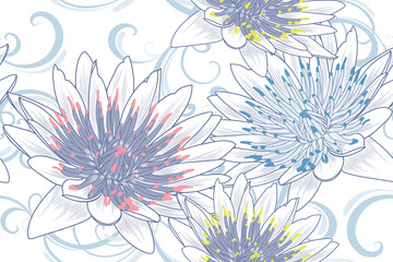 Seamless pattern with lotos flowers. - obrazy, fototapety, plakaty