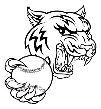A tiger baseball player cartoon animal sports mascot holding a ball in its claw