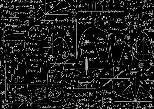 Math educational vector seamless background with handwritten formulas, figures, calculations, "chalk on blackboard" effect