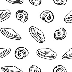Graphic hand drawn pattern with shells in sketch style on white background