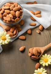 Almonds nuts   peeled on wood spoon on wood table background.